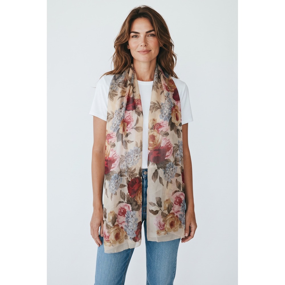 Lauren Ralph Lauren Floral Scarf Beige Burgundy Blue Oblong Lightweight Sheer